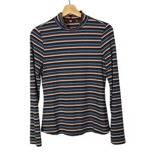Modcloth Blue & Orange Striped Lettuce Mock Neck Long Sleeve S